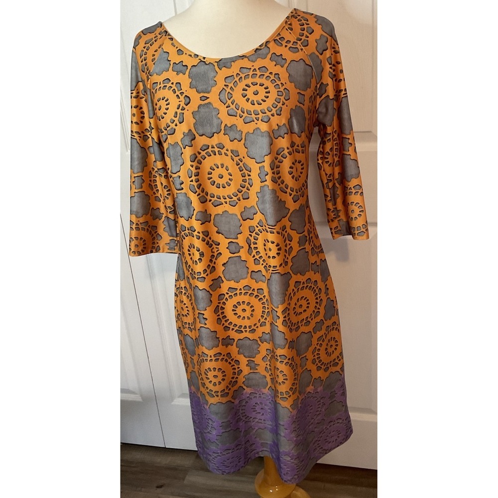 Aryeh Anthropologie Orange Geometric Gray Dress Knee Length 3/4 Sleeve‎ Medium